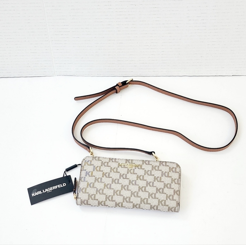 Karl Lagerfeld Monogram Brown Leather Wristlet Taupe Women's Crossbody - Picture 13 of 13